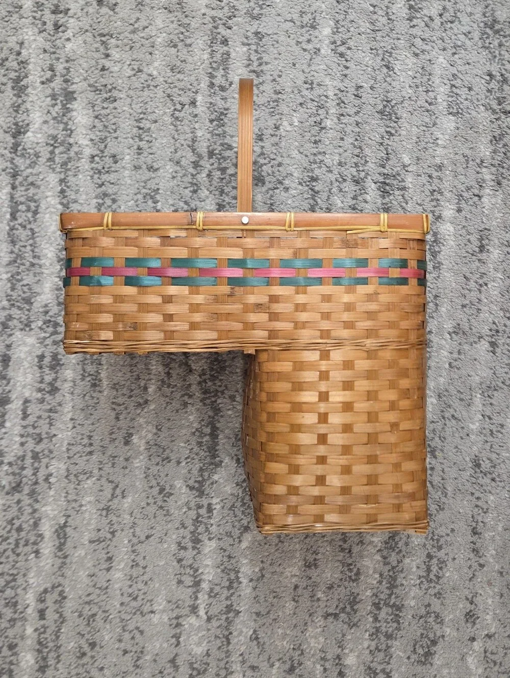 Vintage Rustic Woven Stair Step Wicker Basket Organizer Green Red Stripe Cottage